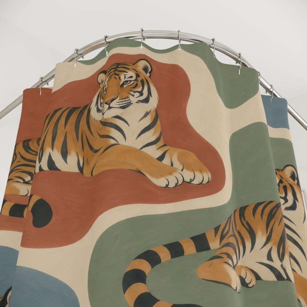 Ochre tigers on terracotta sage and dusty-blue shapes shower curtain with close-up print, hooks, and folds