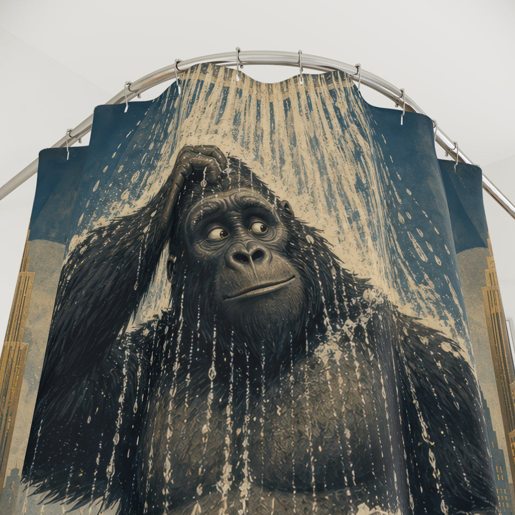 Unique Funny Gorilla Shower Curtain, Giant City Rain Bath Art, Art Deco Skyline Bathroom Humor, Surreal Guest Bath Decor Gift For Home