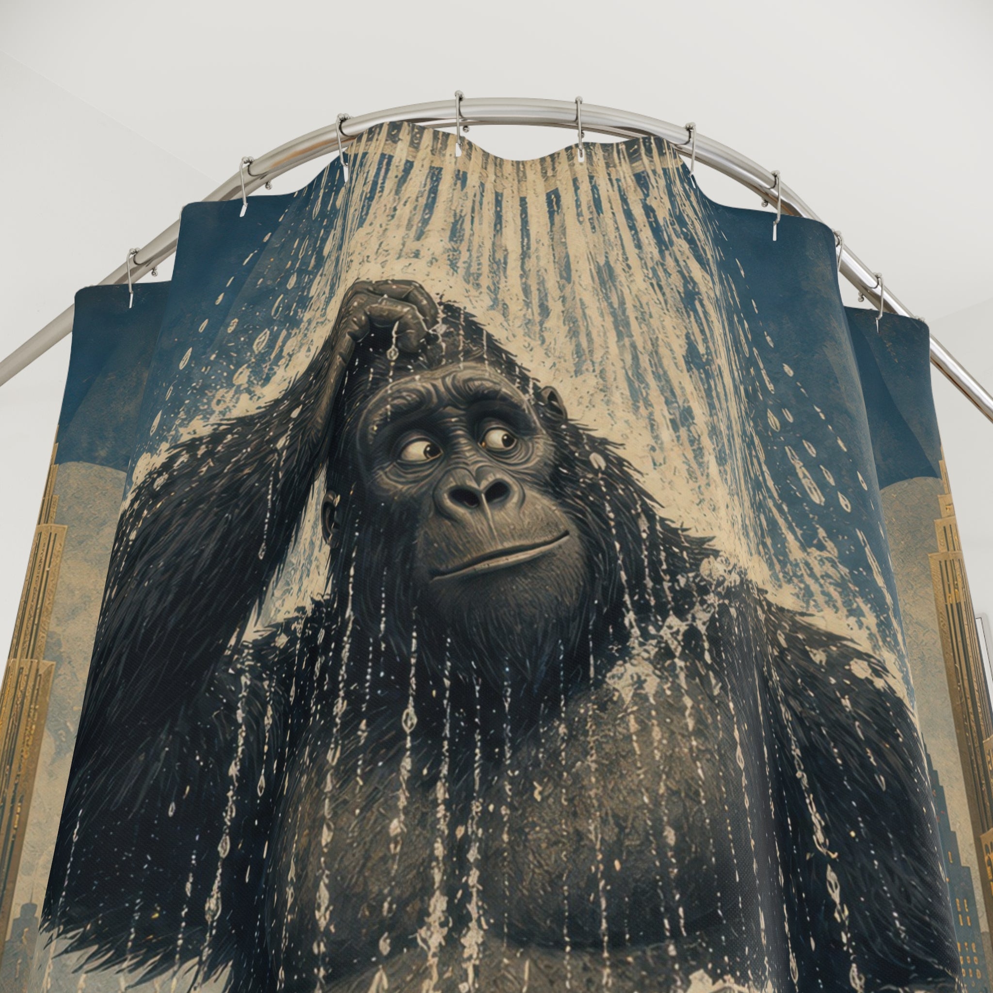 Unique Funny Gorilla Shower Curtain, Giant City Rain Bath Art, Art Deco Skyline Bathroom Humor, Surreal Guest Bath Decor Gift For Home