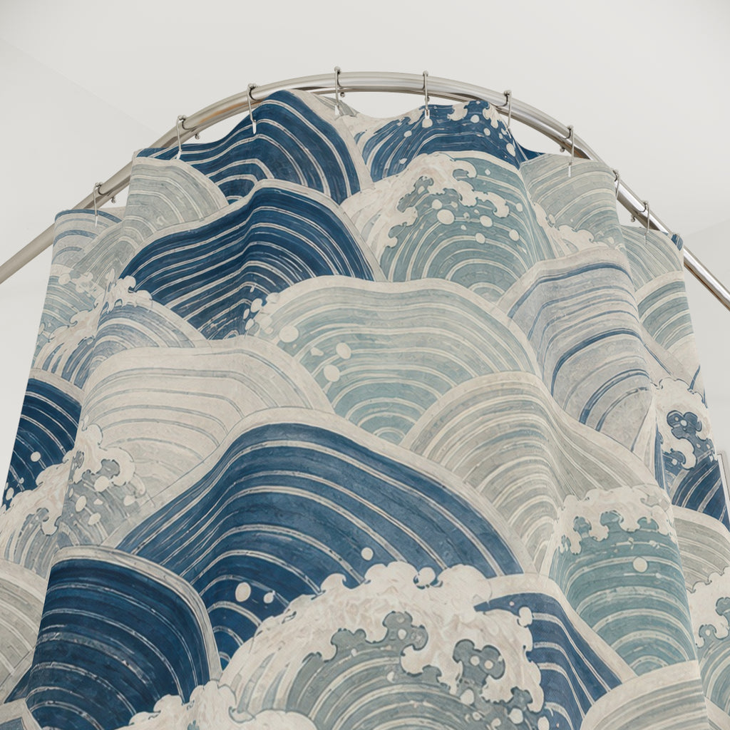 Wave Shower Curtain, Japanese Inspired Blue Ocean Pattern, Coastal Bathroom Decor, Nautical Guest Bath Seaside Blue Style