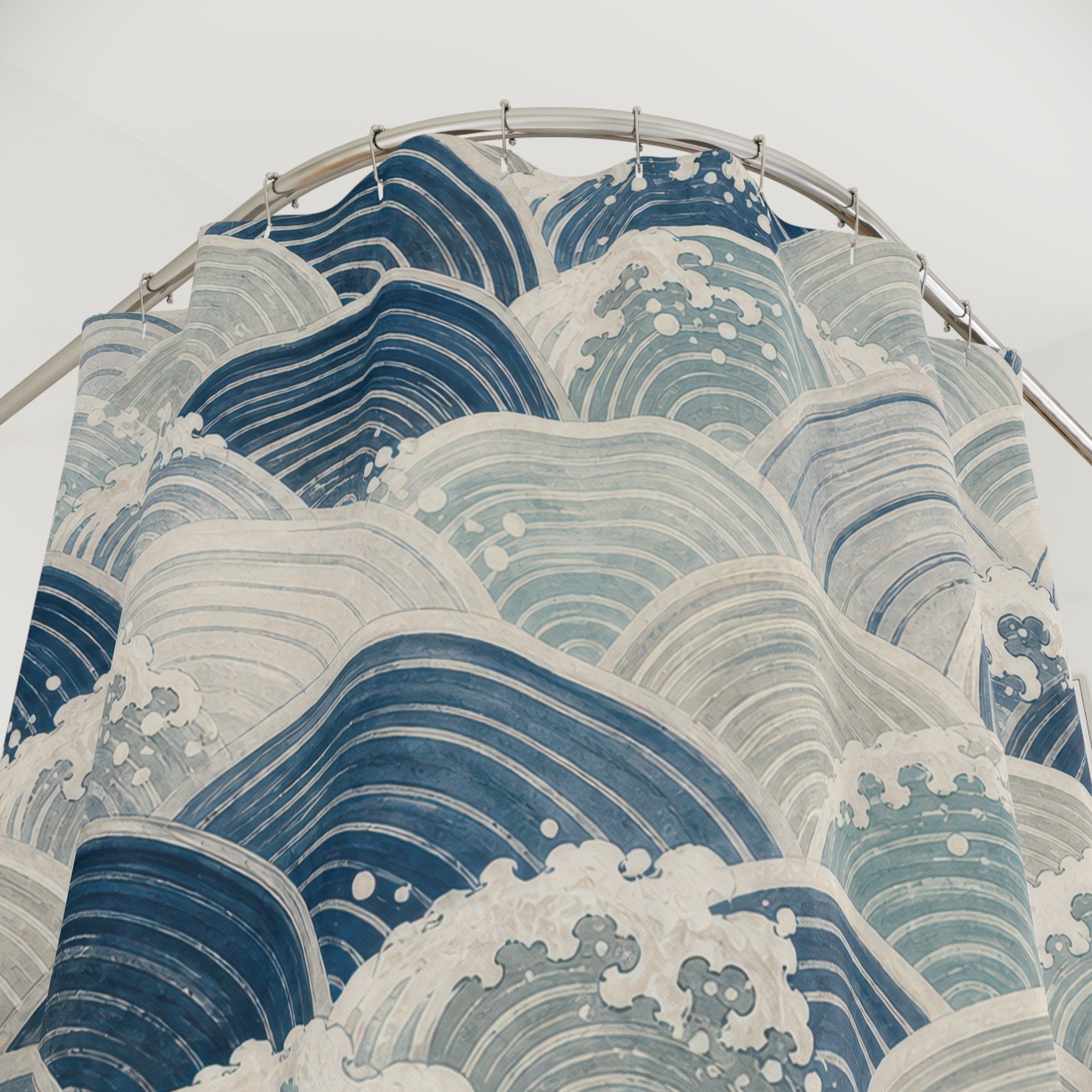 Wave Shower Curtain, Japanese Inspired Blue Ocean Pattern, Coastal Bathroom Decor, Nautical Guest Bath Seaside Blue Style