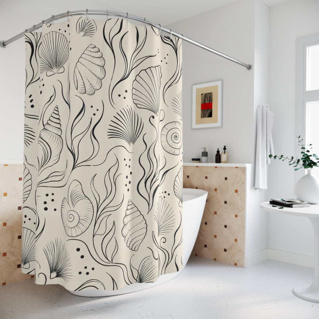 Black Cream Seashell Line Shower Curtain