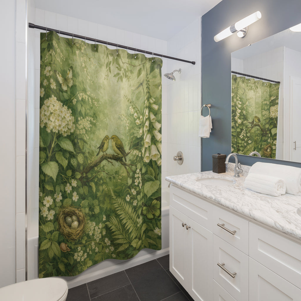 Green Woodland Bird Shower Curtain — Botanical