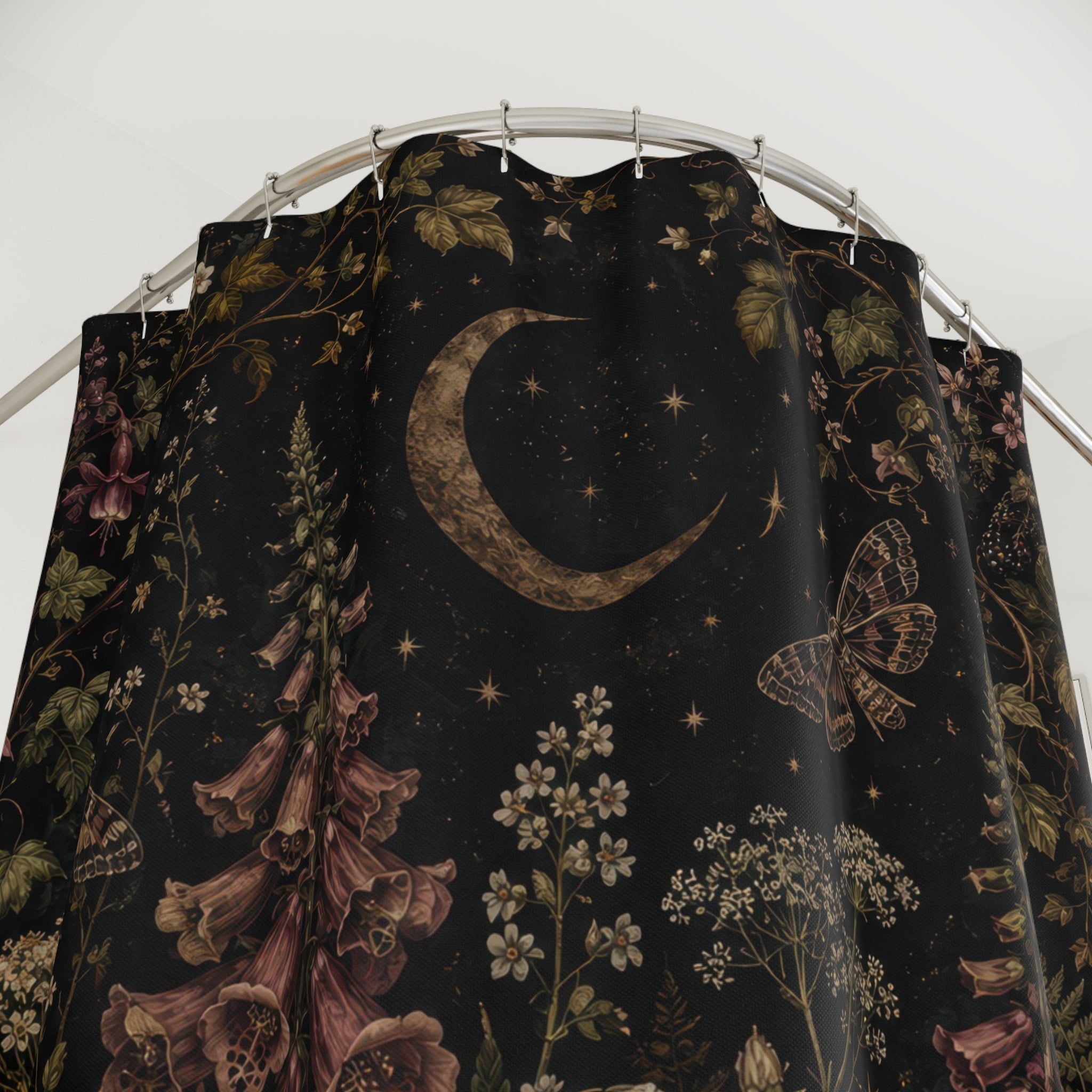 Dark Cottagecore Shower Curtain: Moonlit Mushrooms