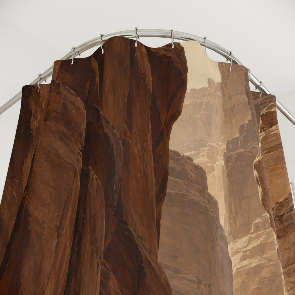 Chestnut canyon cliffs beside a winding sandy passage shower curtain with close-up print, hooks, and folds