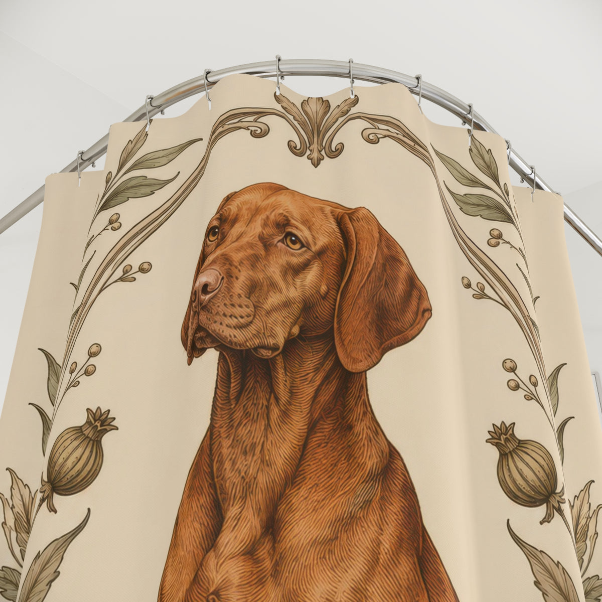 Antique botanical Vizsla portrait shower curtain with close-up print, hooks, and folds