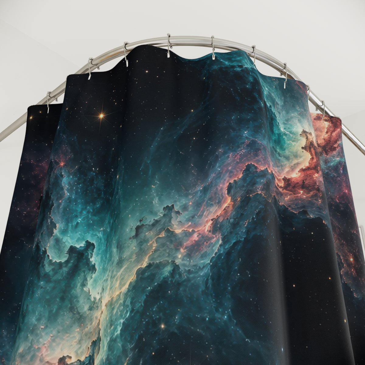 Teal and rose nebula light with stars in dark space shower curtain with close-up print, hooks, and folds