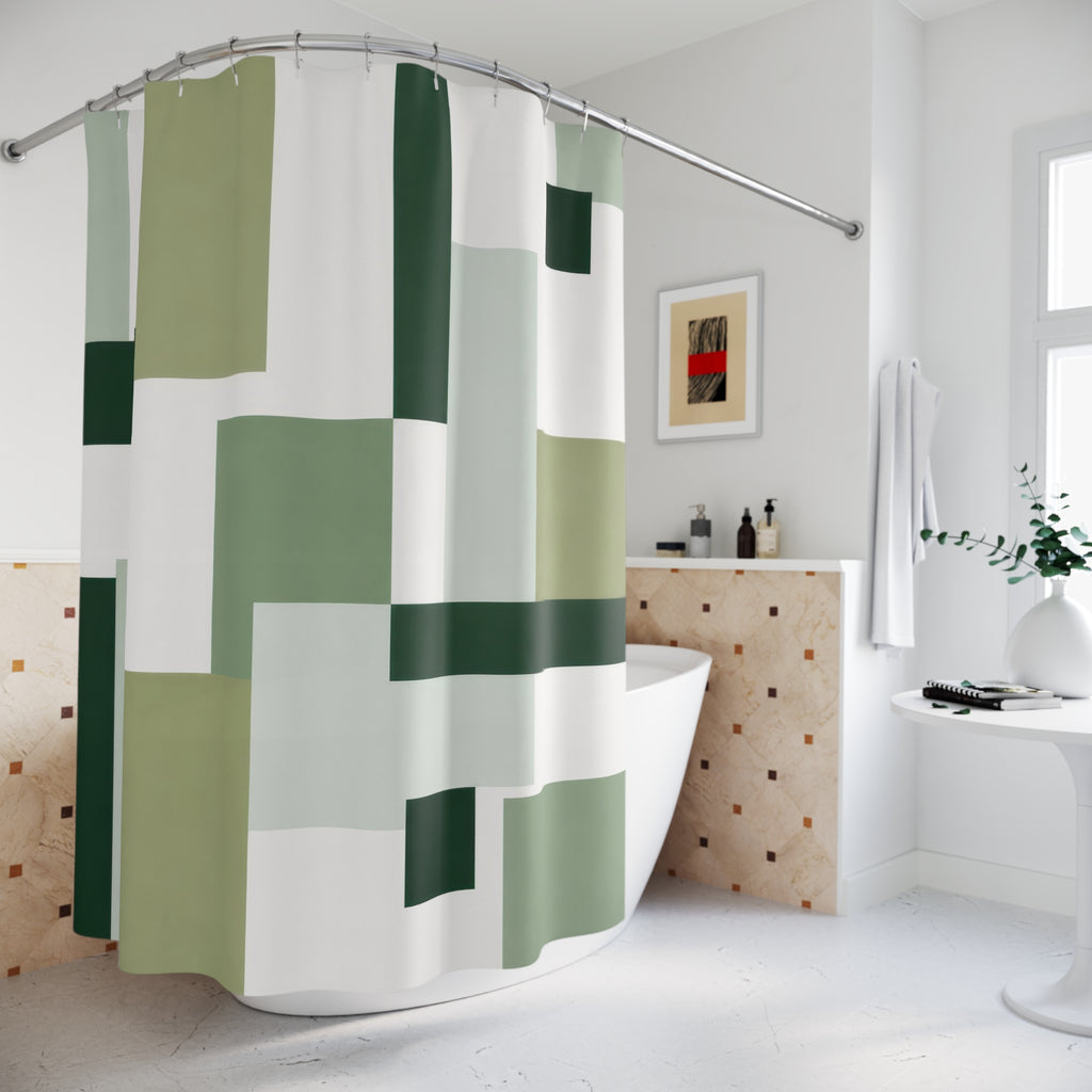 Modern Shower Curtain, Green White Geometric Bath Decor, Abstract Block Pattern, Sage Guest Bathroom Decor, Minimal Green Style Decor