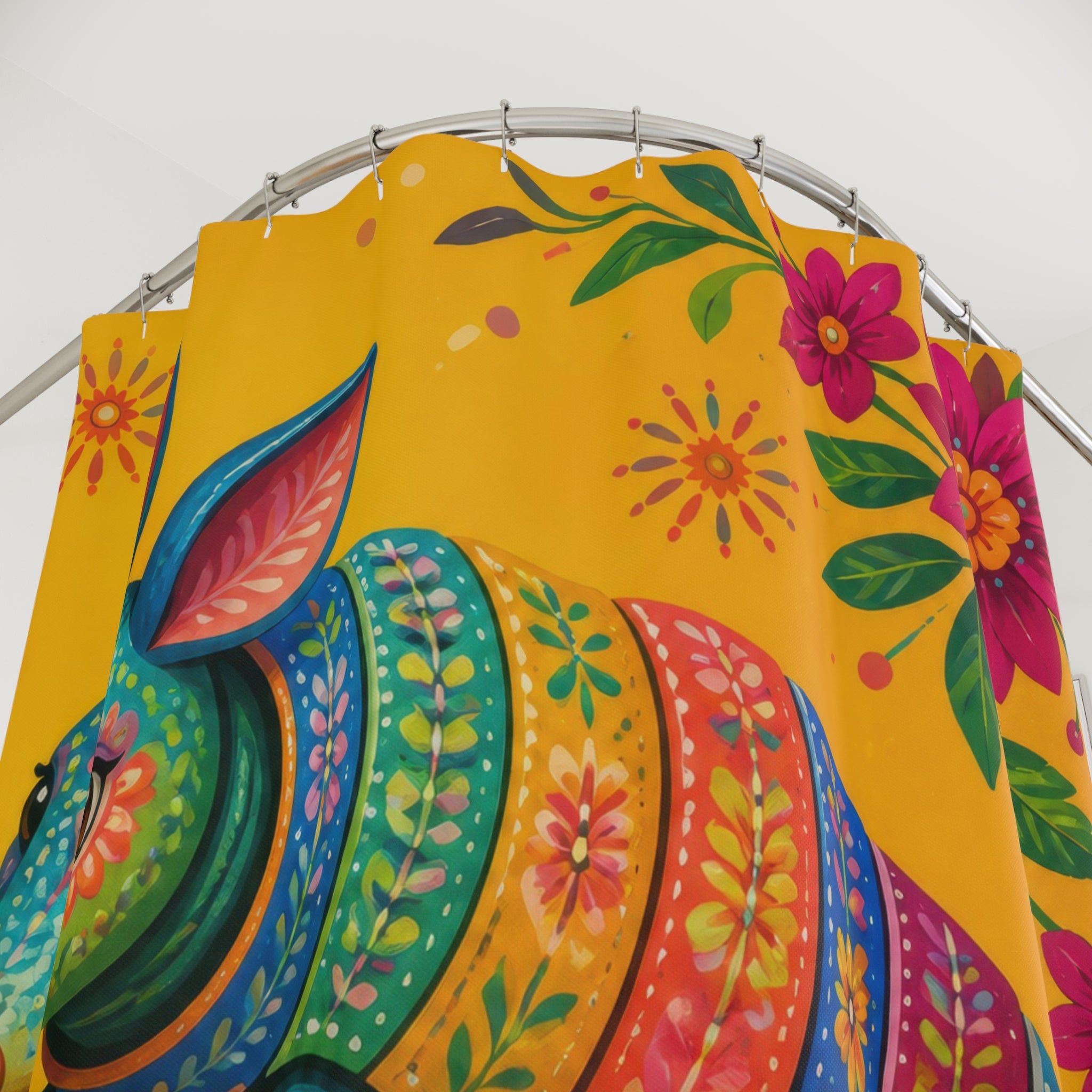 Painted armadillo curling among folk flowers shower curtain with close-up print, hooks, and folds