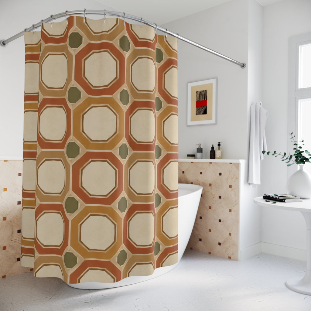Ochre and terracotta octagons with cream centers shower curtain beside a freestanding tub