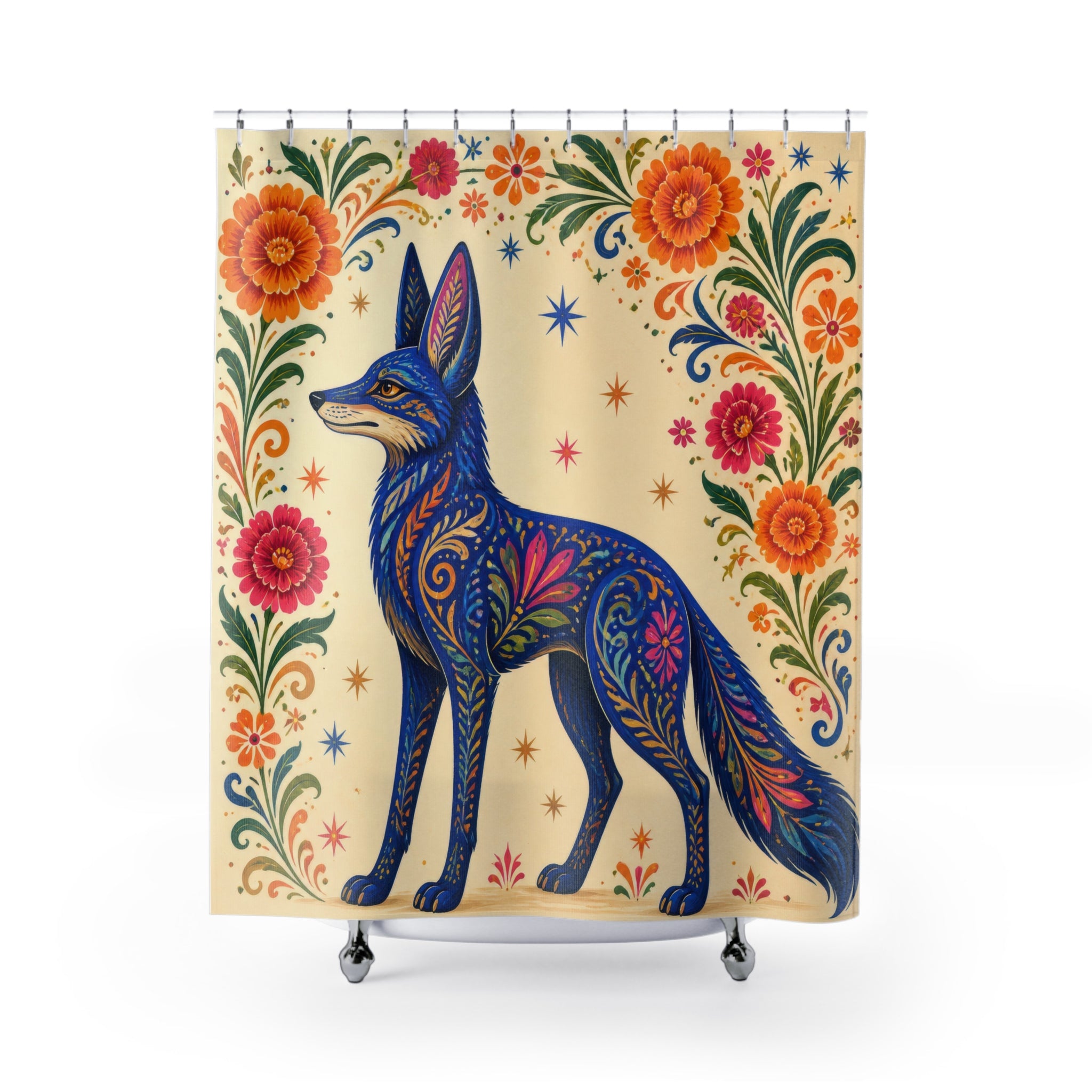 Cobalt alebrije coyote beneath a floral arch shower curtain with full front view