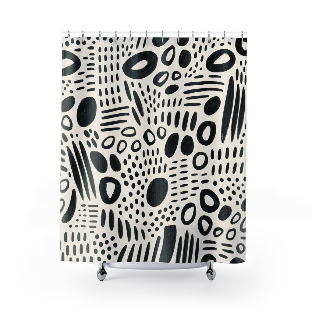 Black White Shower Curtain, Abstract Dot Stripe Mark Pattern, Modern Graphic Bathroom Decor, Black White Wall Decor Guest Bath Wall Gift
