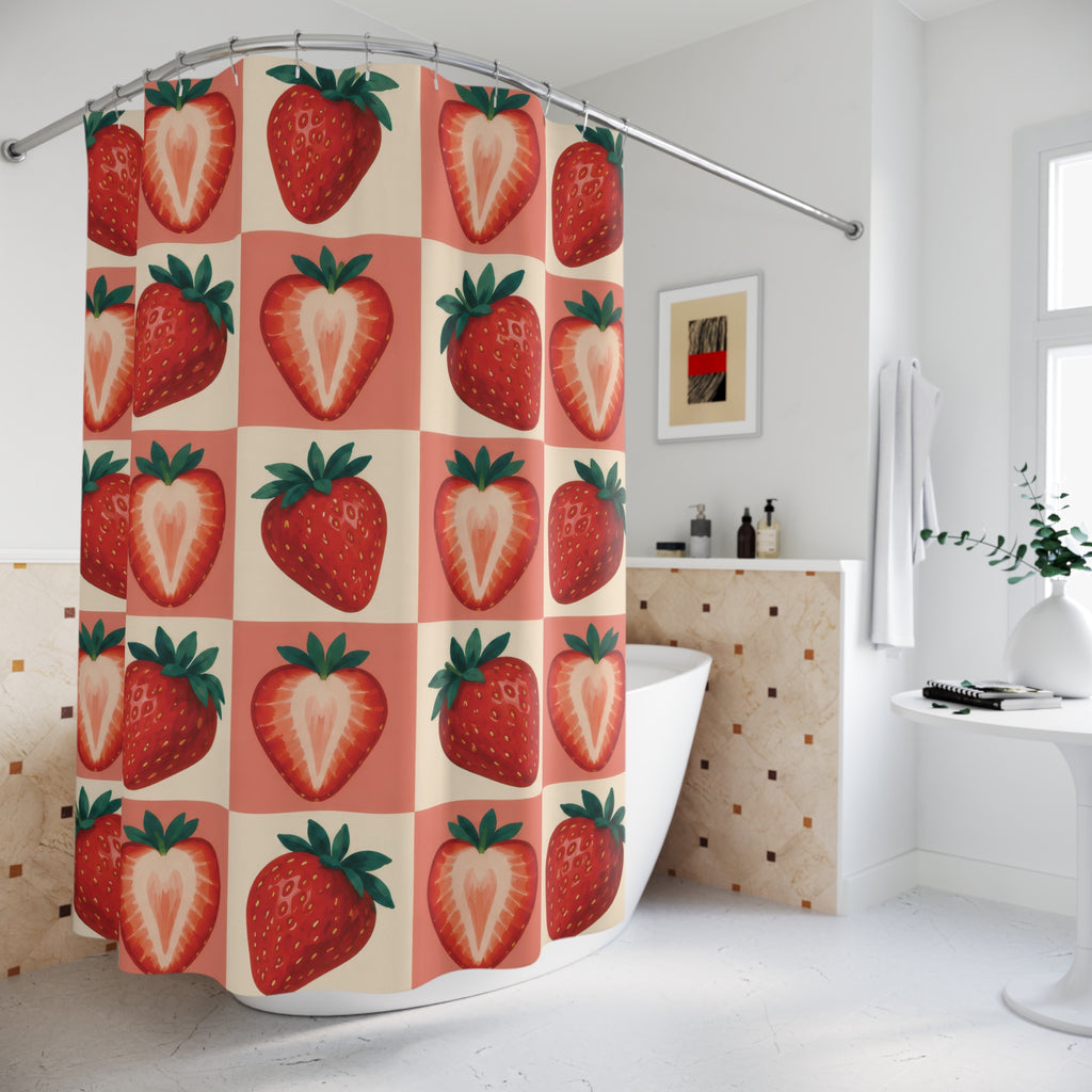 Red strawberries on coral and cream checks shower curtain beside a freestanding tub