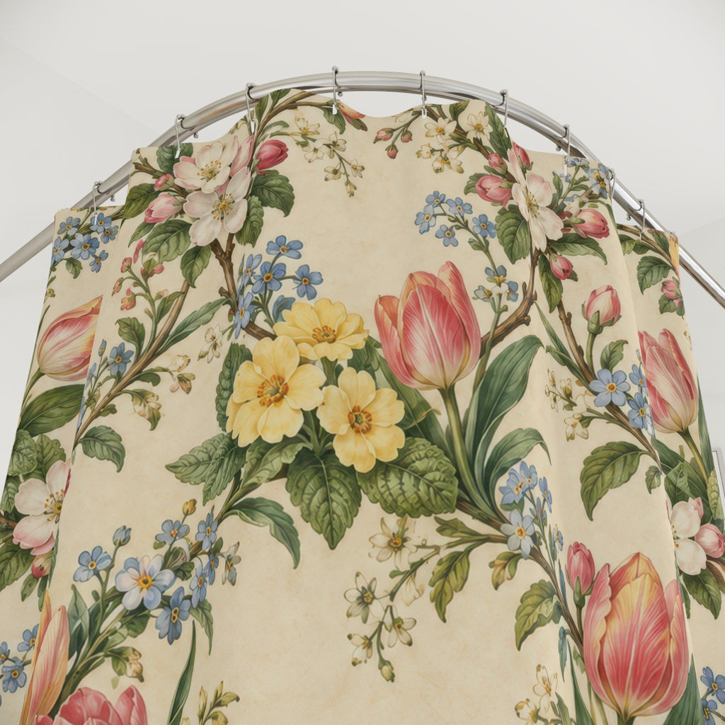 Pink tulips, apple blossoms, and primroses in a garden garland shower curtain with close-up print, hooks, and folds