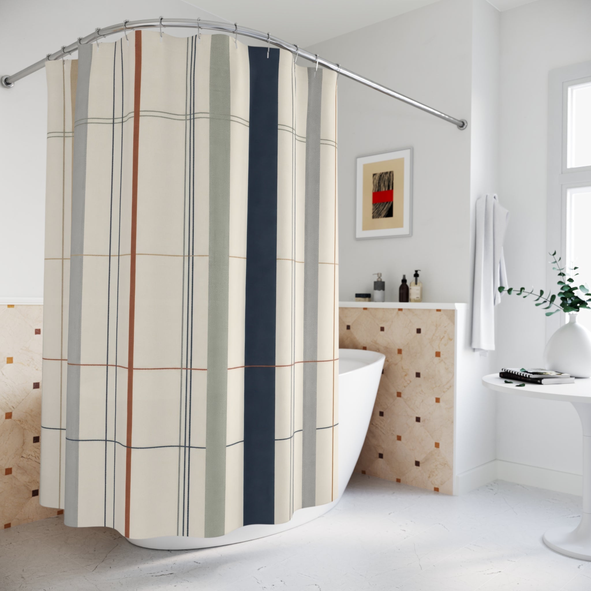 Navy Stripe Plaid Grid Shower Curtain