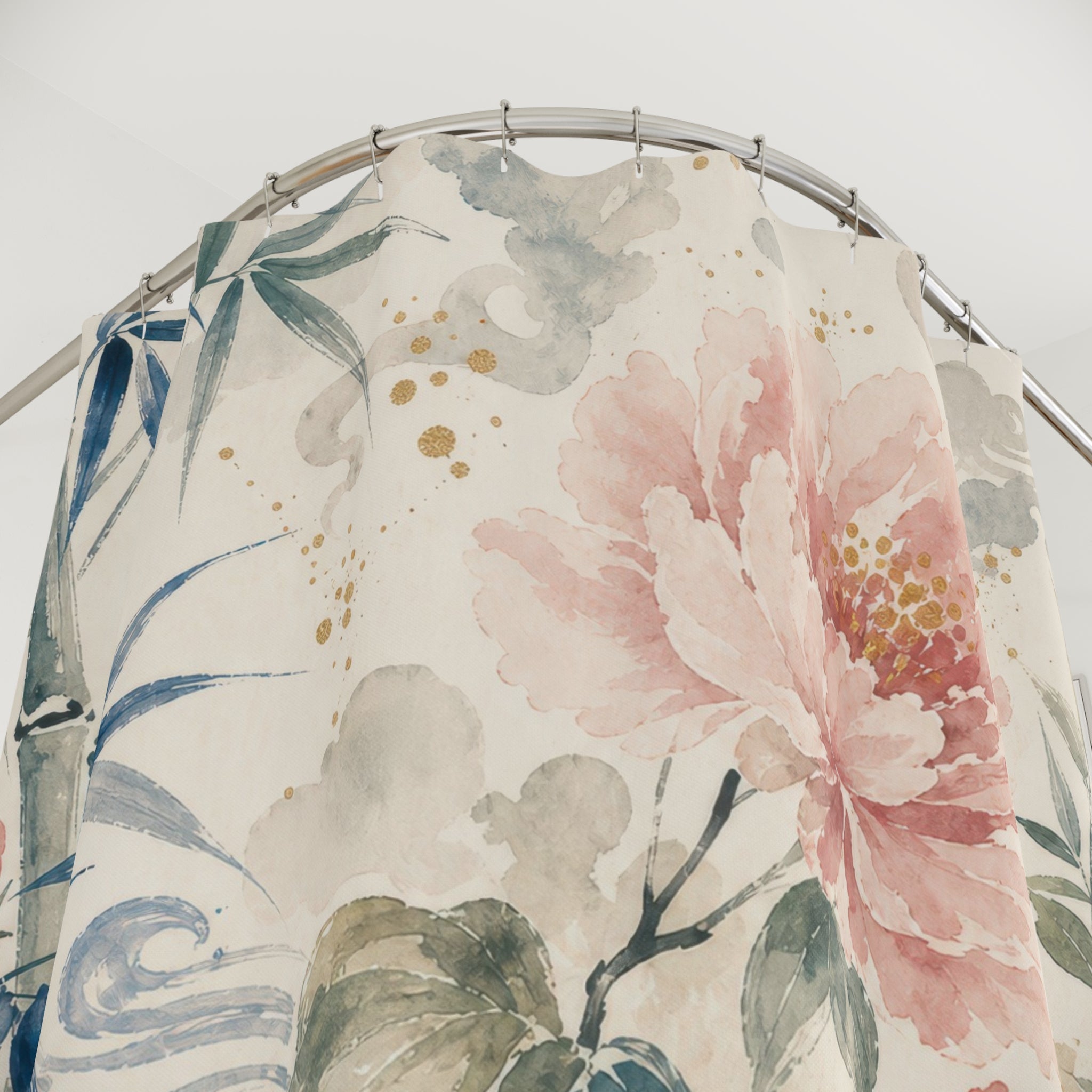 Blue White Chinoiserie Floral Beige Cream Gold Shower Curtain