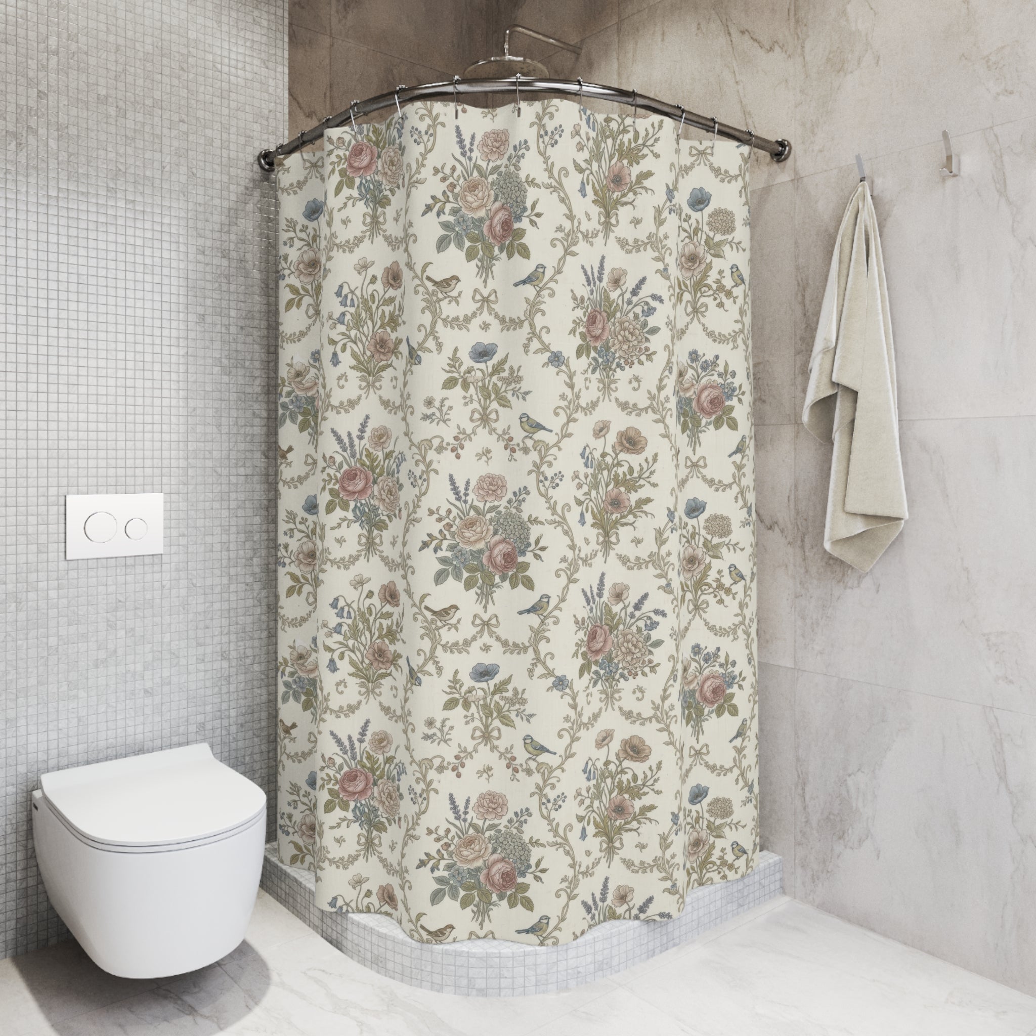 French Country Floral Shower Curtain — Vintage Beige