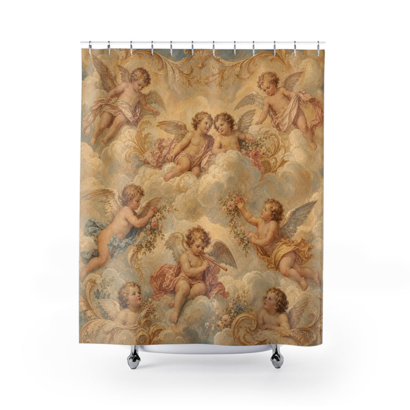 Cherub renaissance putti angel cream shower curtain with full front view