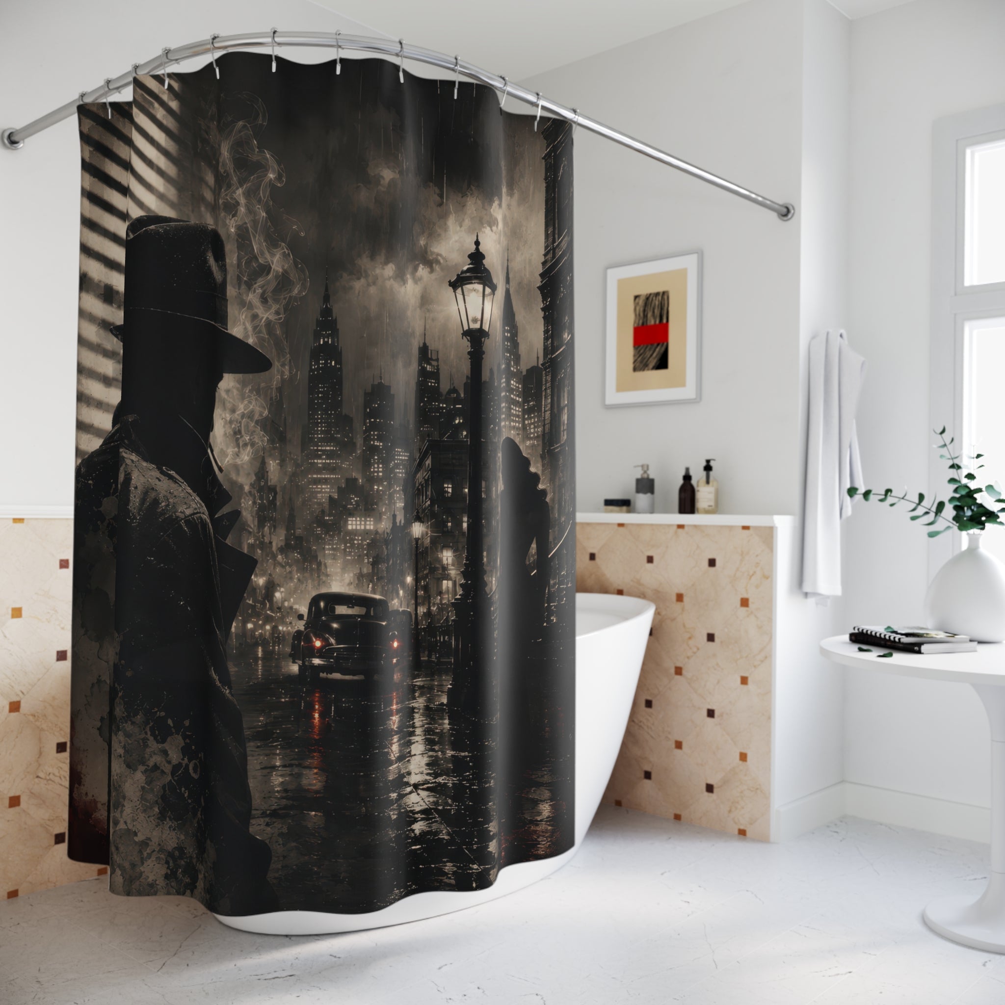 Noir Shower Curtain: Black Vintage City Rain