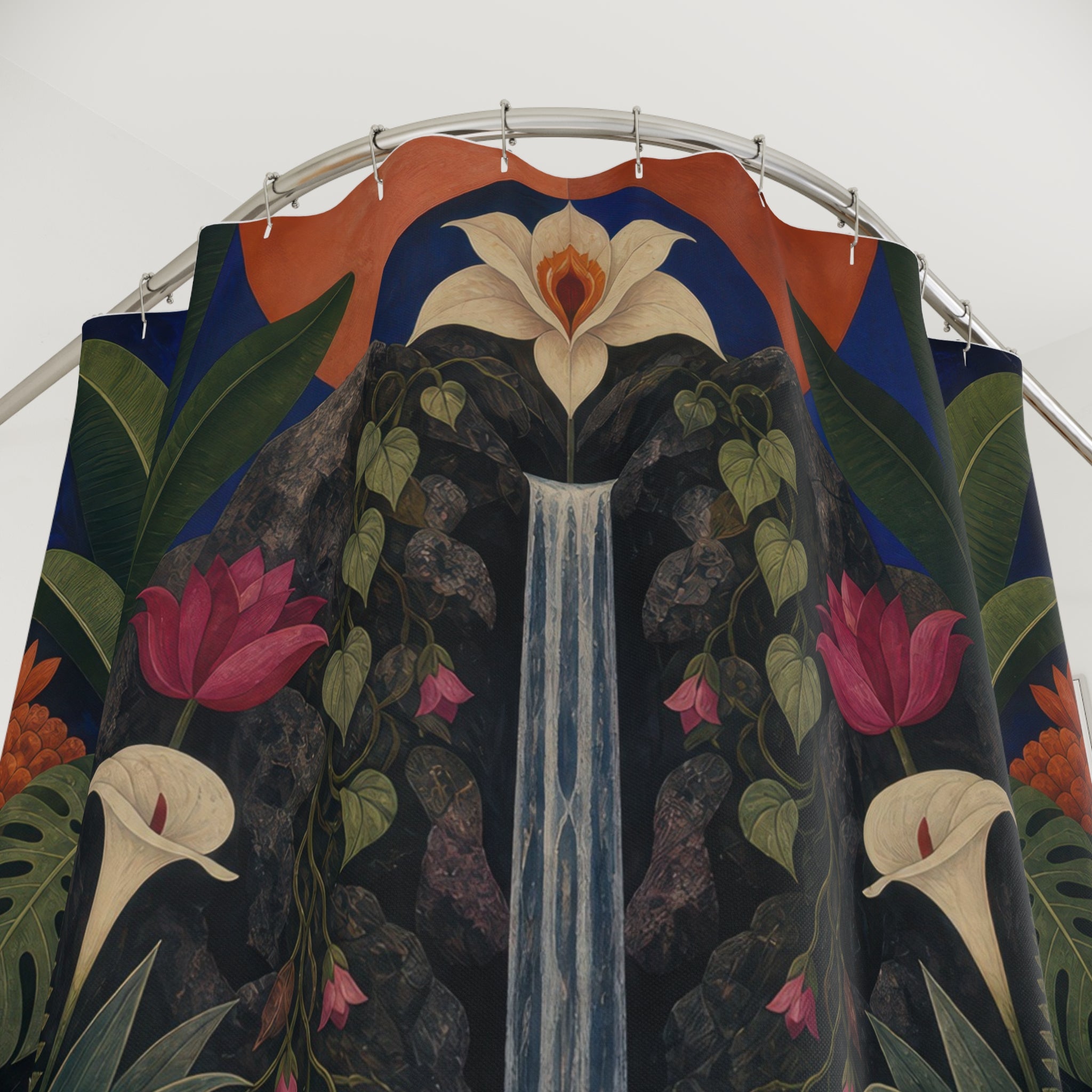 Dark Botanical Waterfall Print Shower Curtain