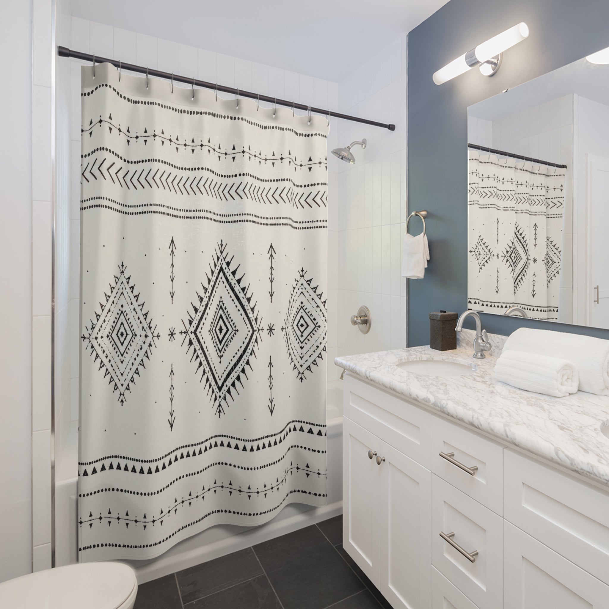 Boho Shower Curtain: Black Cream Geometric Diamond Pattern
