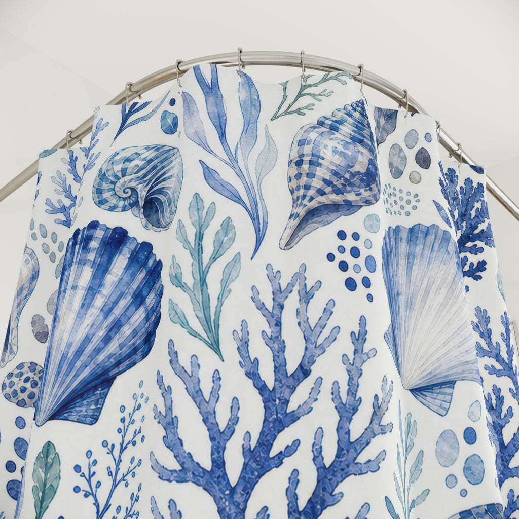 Blue Coastal Shell Shower Curtain, Blue White Coastal Bathroom Decor, Coastal Naturalist Bath Curtain, Guest Bath Decor, Home Decor