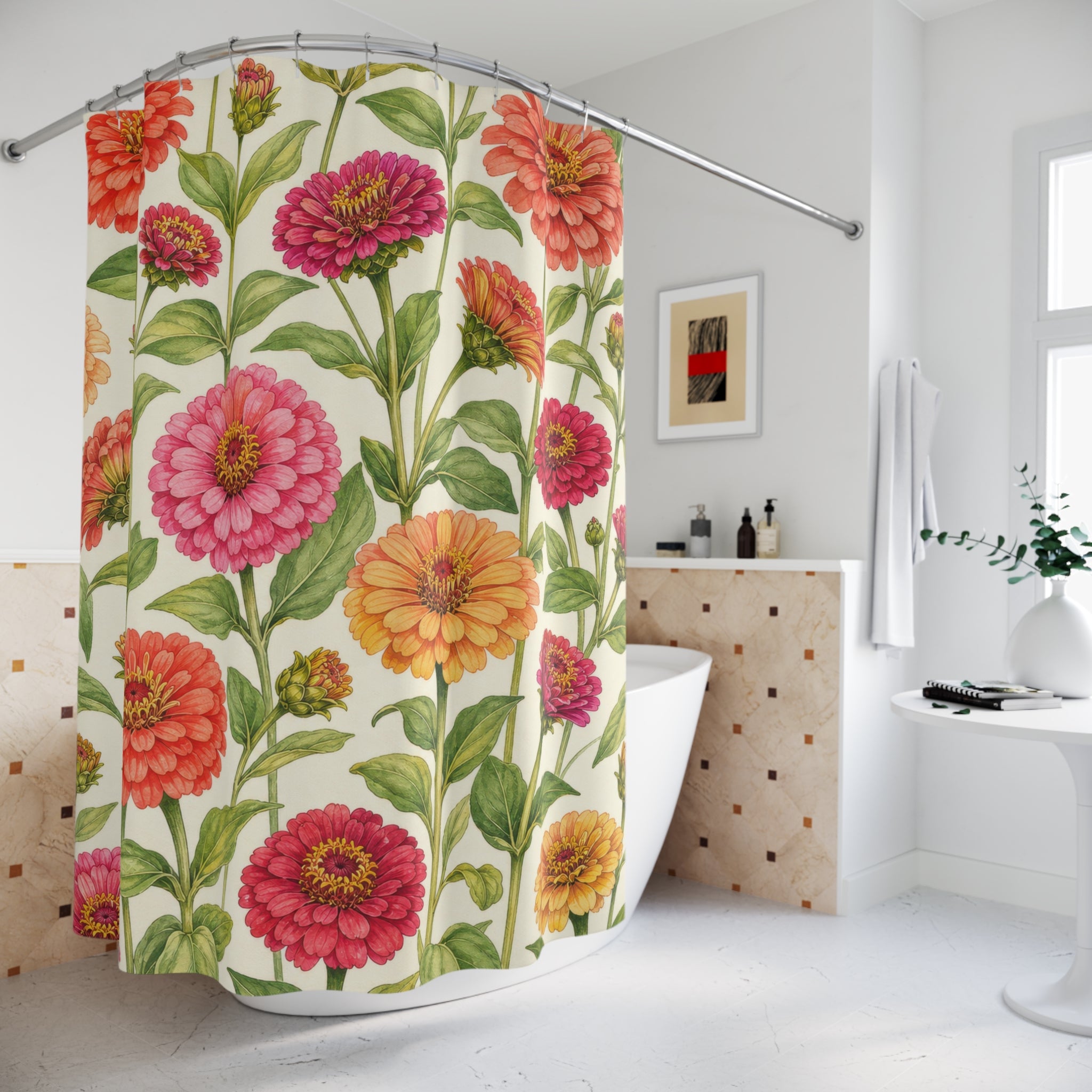Cheerful Bright Coral Orange Botanical Floral Shower Curtain