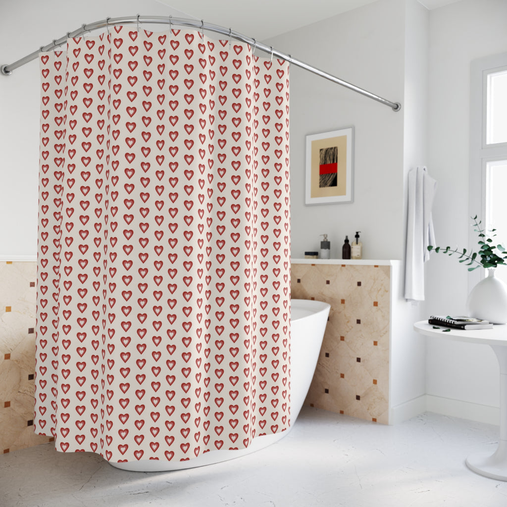 Folk Art Heart Lattice Shower Curtain – Red on Cream