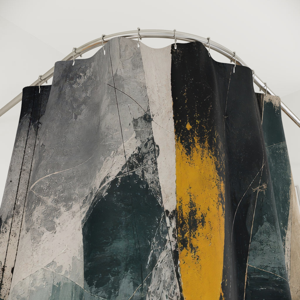 Abstract Shower Curtain, Teal Black White Brushstroke Art, Modern Bathroom Decor, Angular Minimalist Bath, Gold Accent Design, Dark Decor
