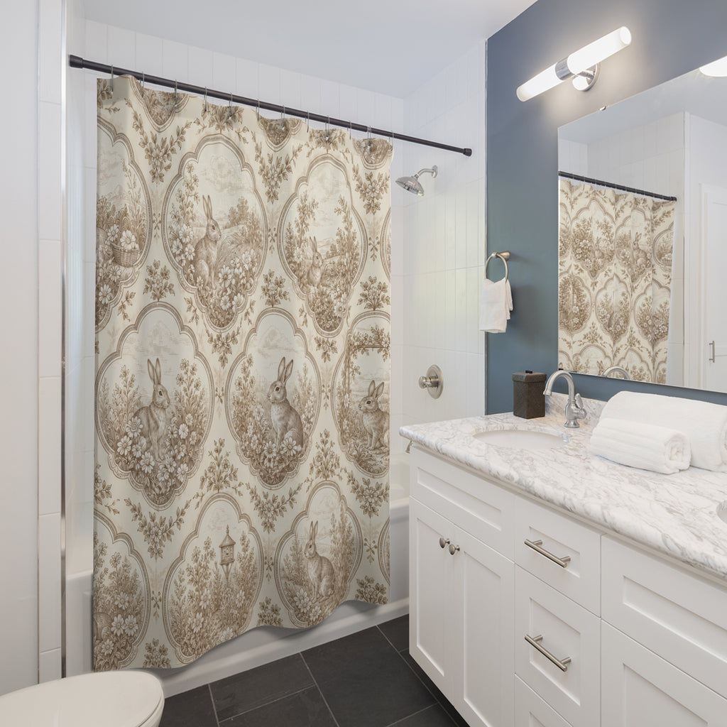 Cream Rabbit Cameo Toile shower curtain beside a white vanity