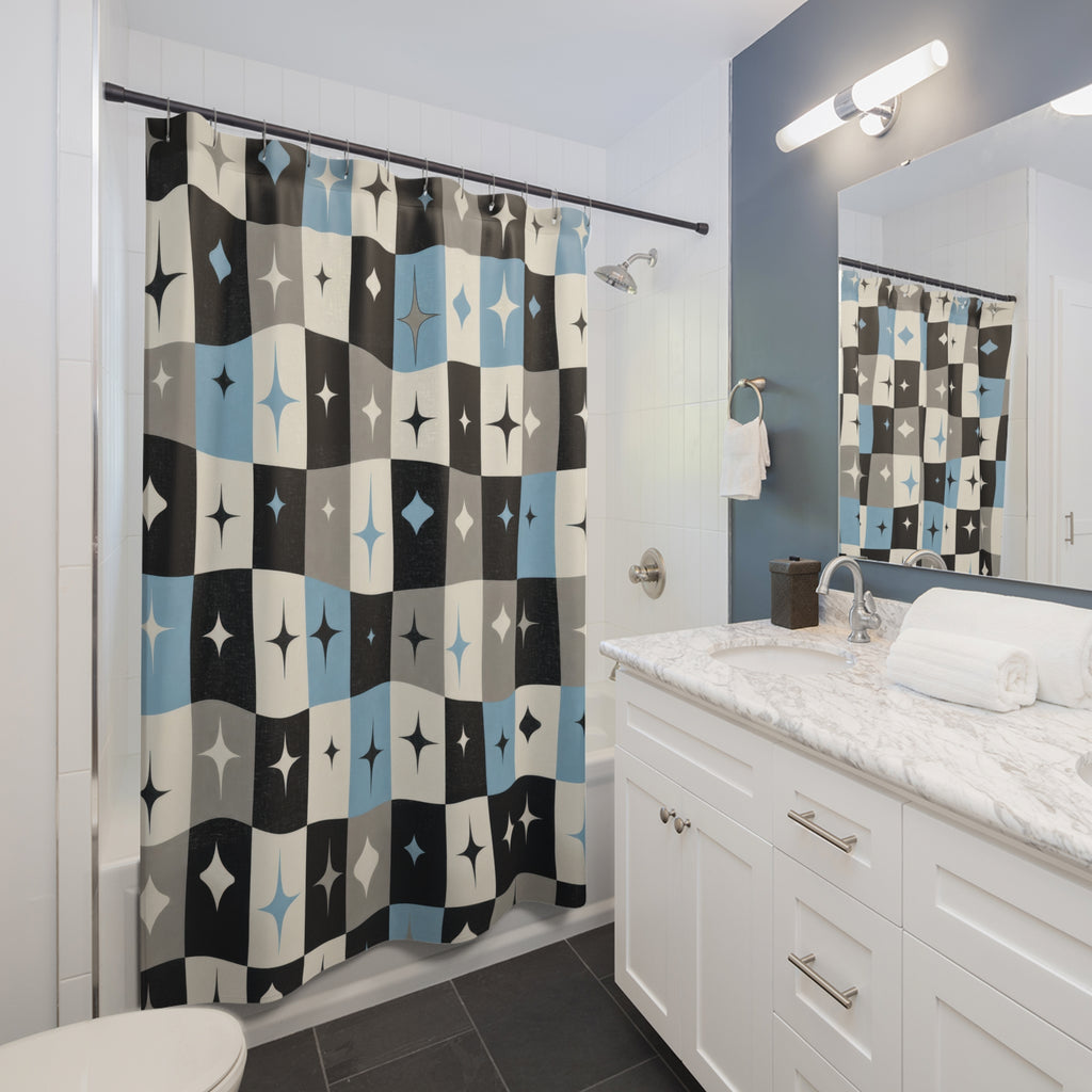 Retro Checkerboard Shower Curtain, Blue Black Star Tile Pattern, Atomic Bathroom Decor, Bold Blue Atomic Wall Decor Guest Bath Wall Gift