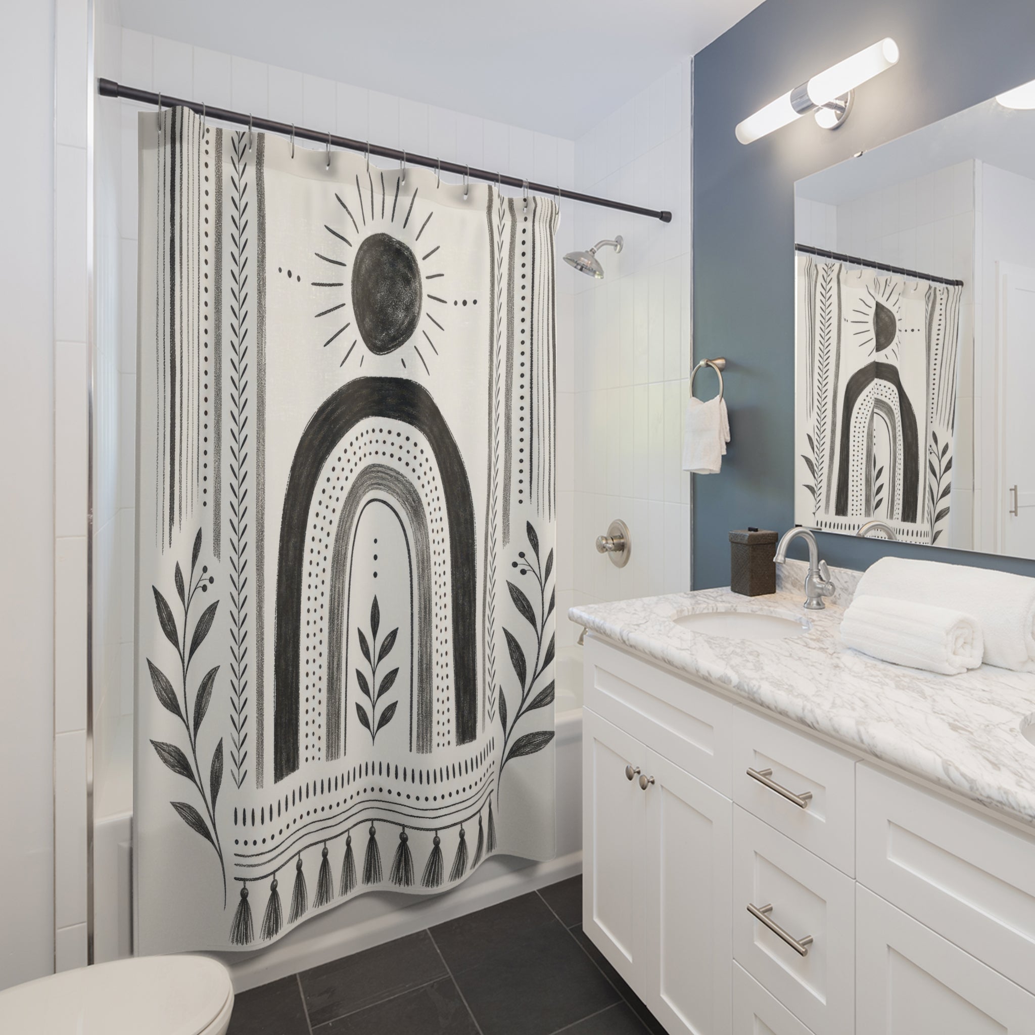Boho Shower Curtain: Black White Shower Curtain: Black White S