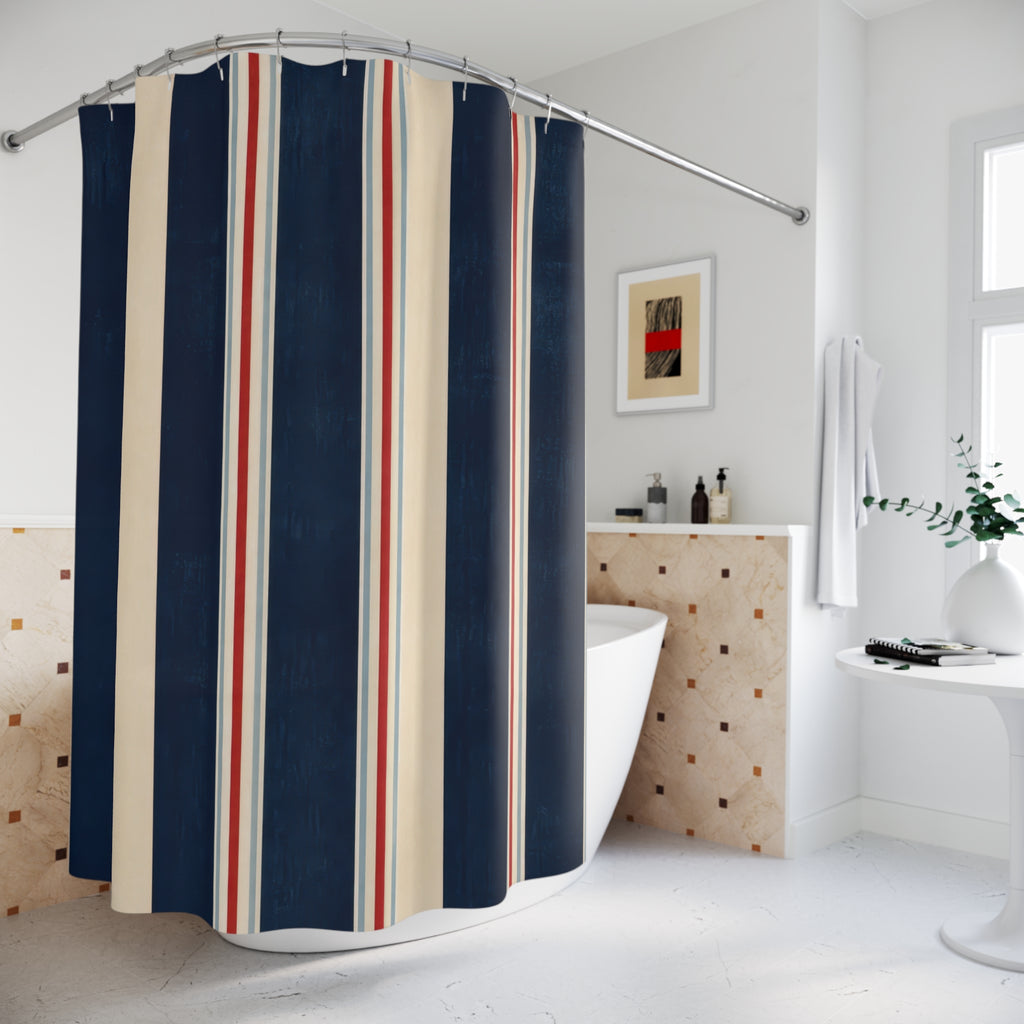Navy Red White Vertical Pinstripe Shower Curtain