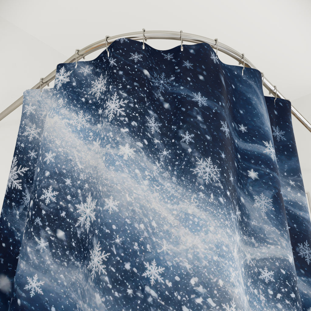 Navy swirling snowfall shower curtain with close-up print, hooks, and folds