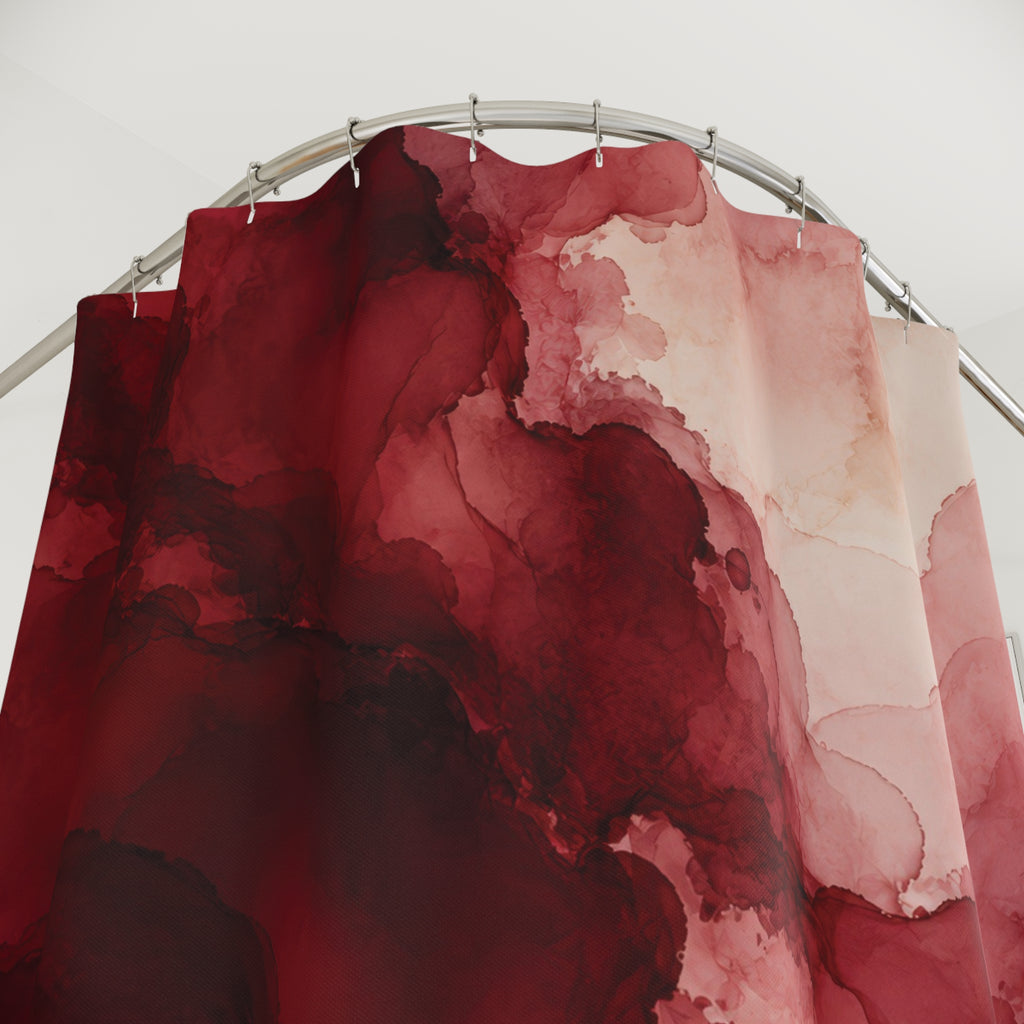 Maroon ink pools flowing into dusty rose and cream shower curtain with close-up print, hooks, and folds