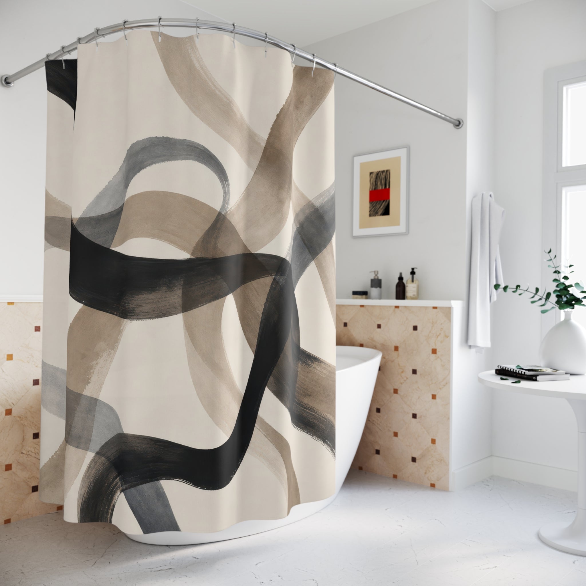 Black Beige Watercolor Ribbon Shower Curtain