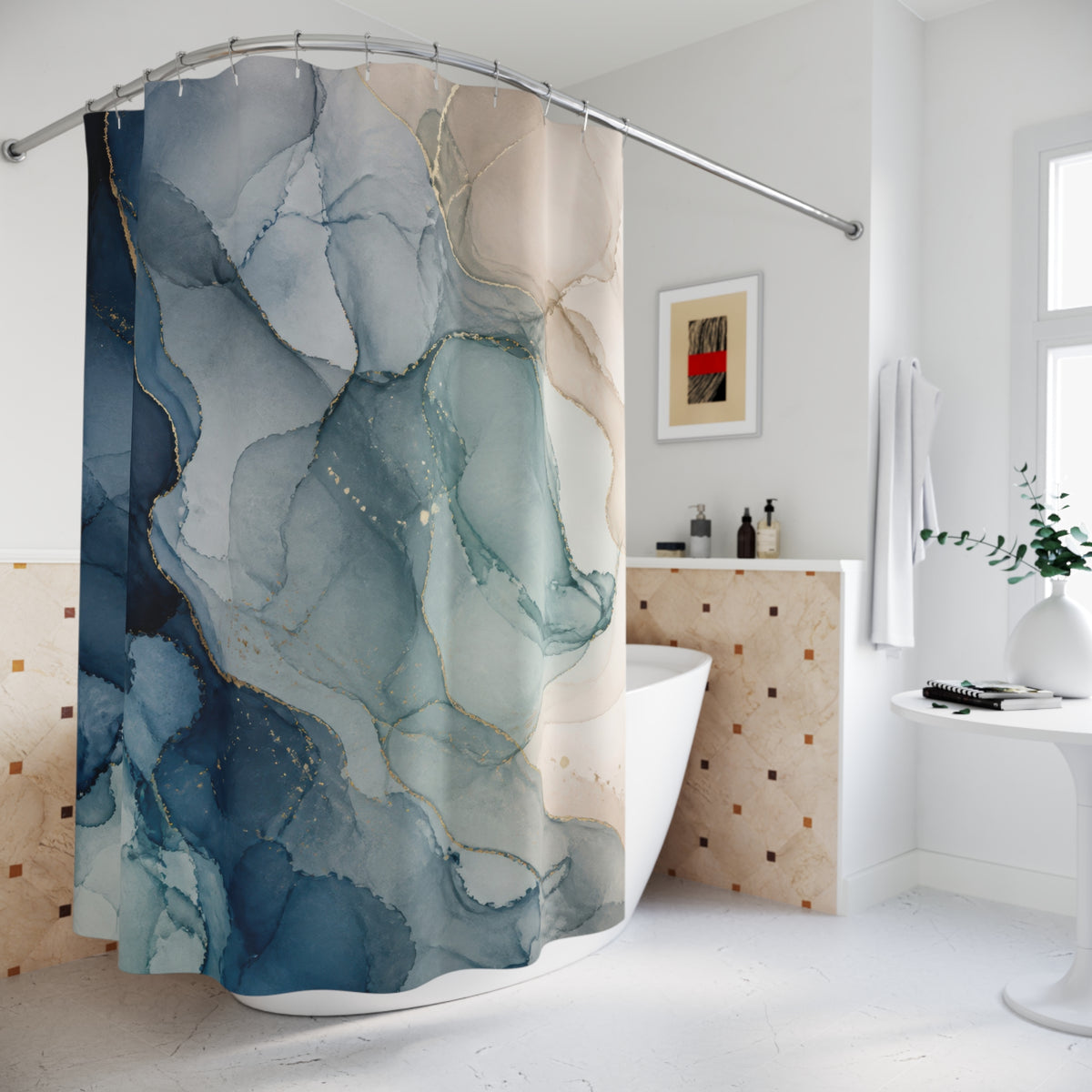 Navy Aqua Alcohol Ink Abstract Shower Curtain