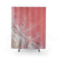 Aerial blush pink salt lagoon and branching white shore shower curtain with full front view