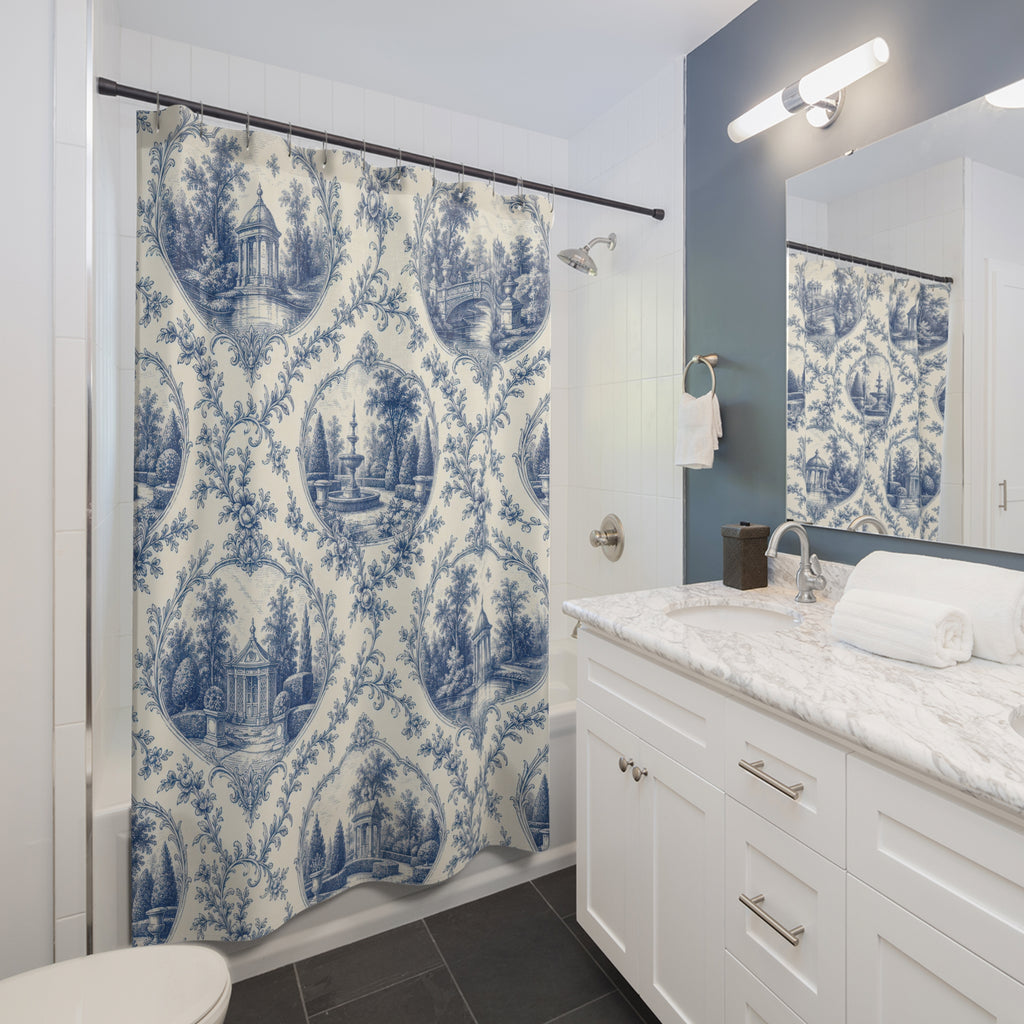 Cobalt Pavilion Toile Shower Curtain