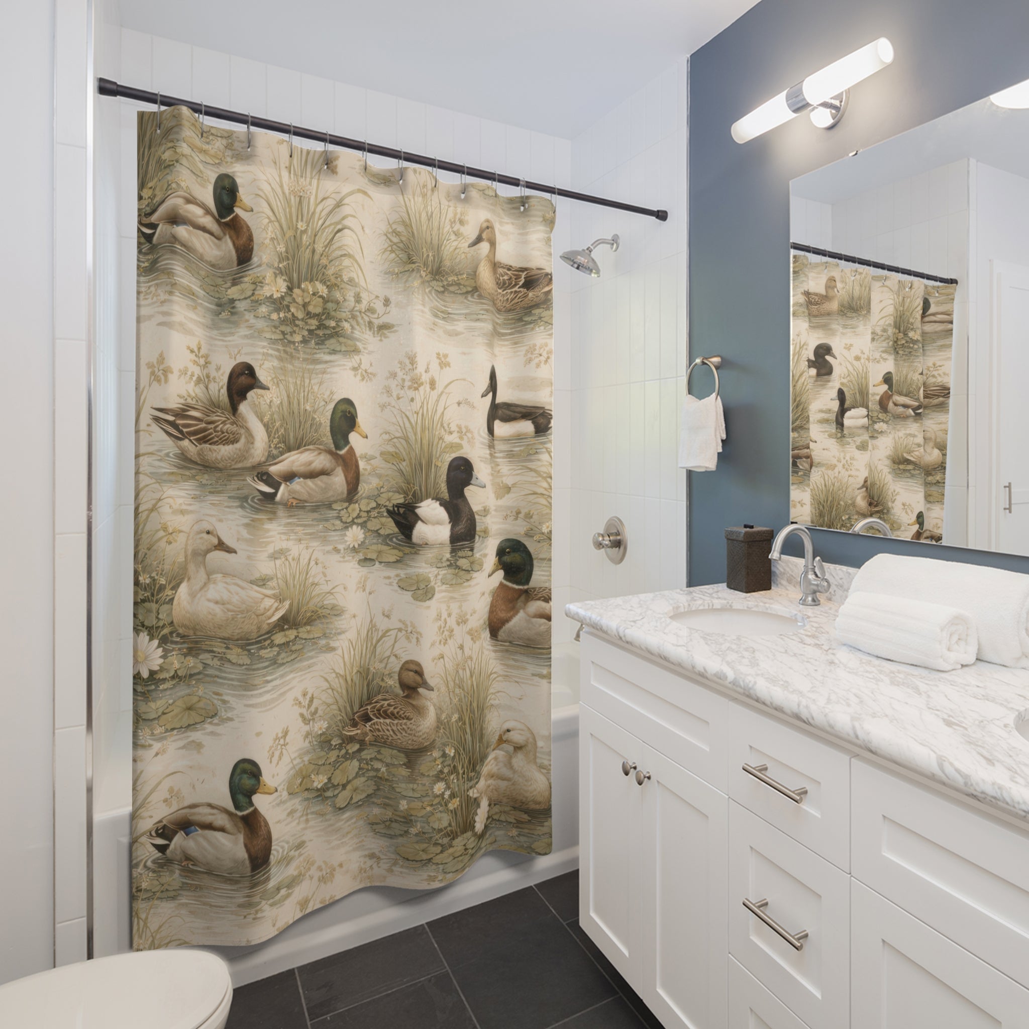 Duck Pattern Shower Curtain – Vintage Marsh Scene
