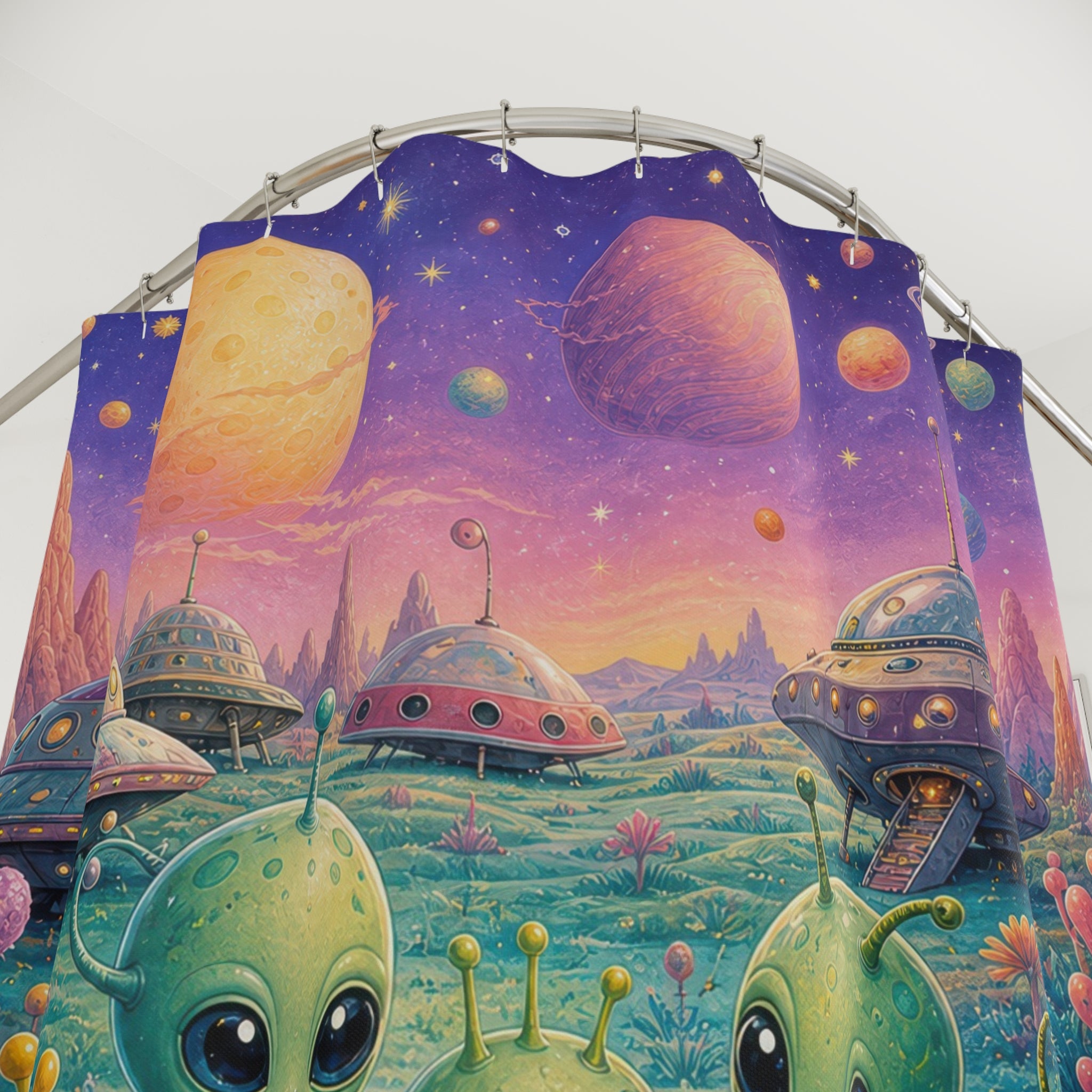 Cute Space Picnic Tea Party Unique Alien Shower Curtain