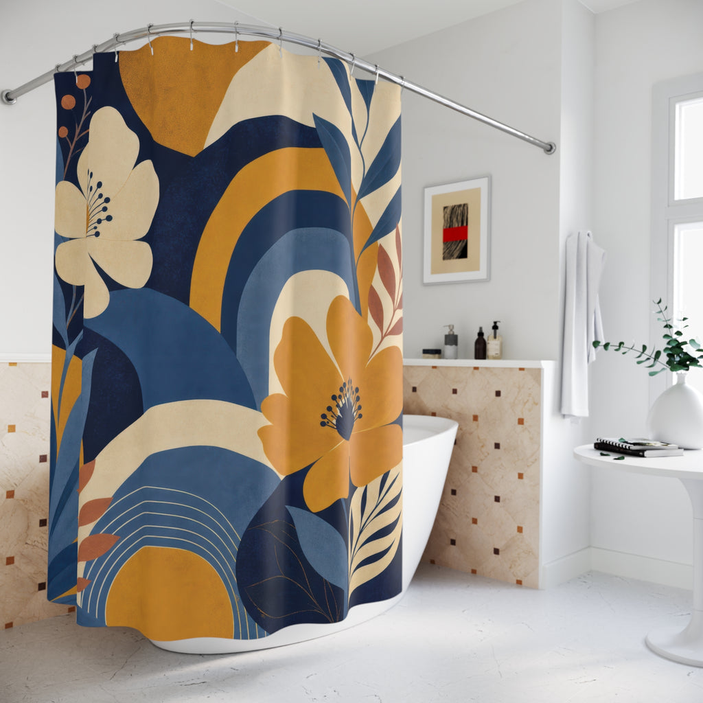 Mustard and Blue Shower Curtain: Retro Floral Botanical