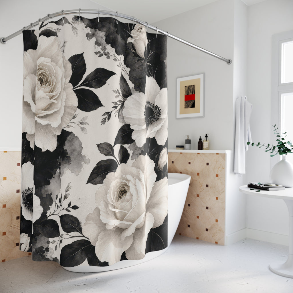 Black and White Floral Shower Curtain: Monochrome Rose Pattern