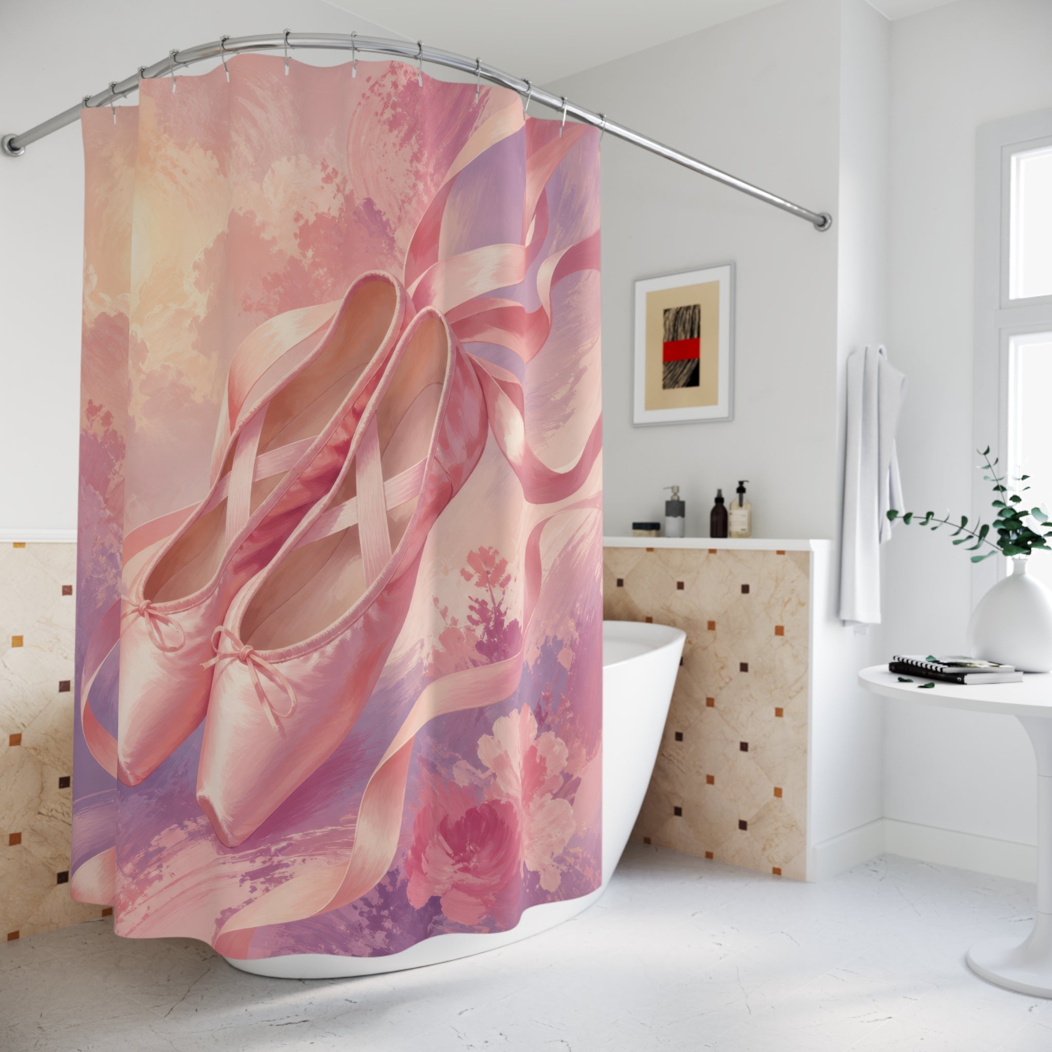 Blush ballet pointe shoes floating through pastel clouds shower curtain beside a freestanding tub