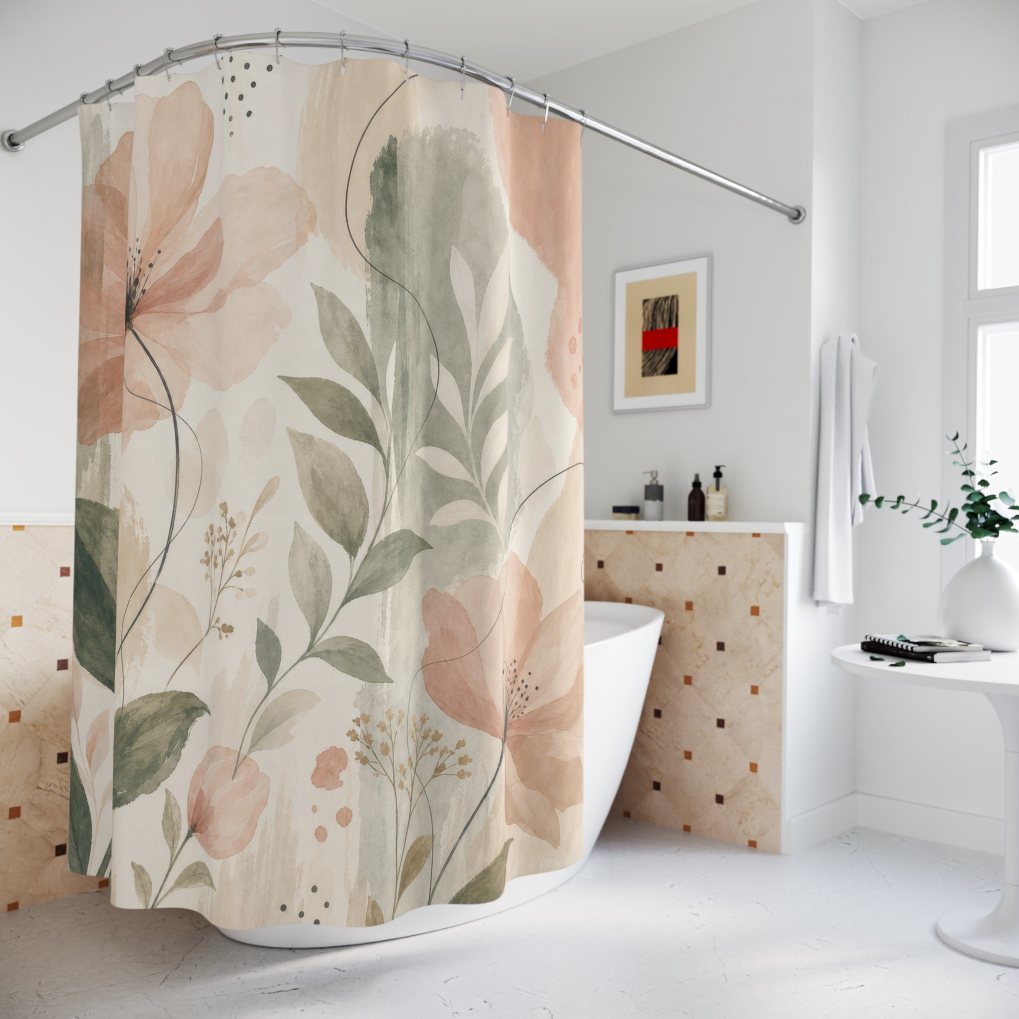 Peach Aesthetic Watercolor Floral Shower Curtain