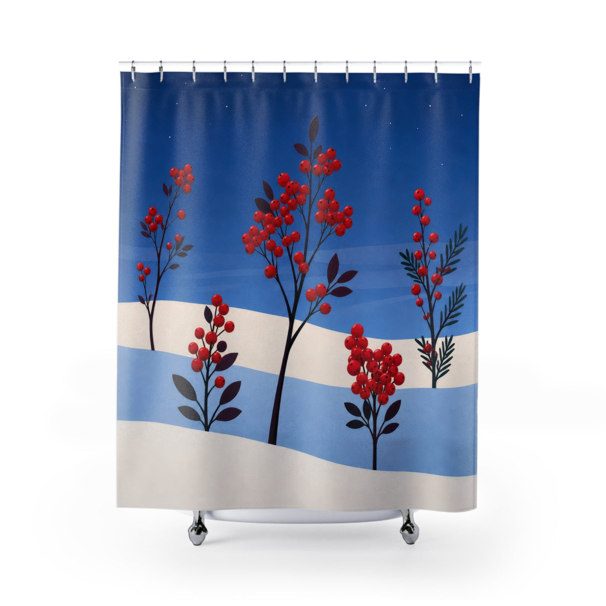 Red winter berry stems in layered blue snow shower curtain with full front view