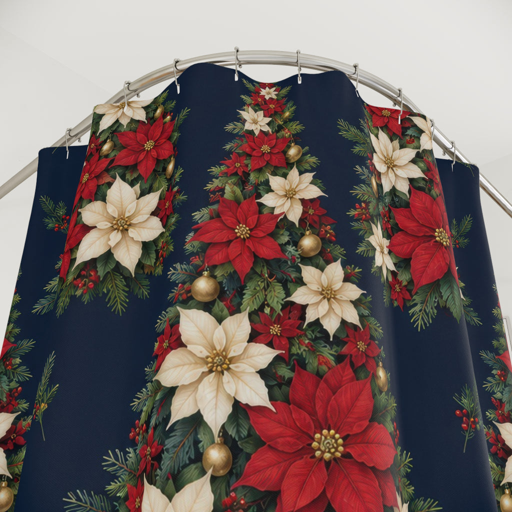 Red and ivory poinsettia Christmas trees on navy shower curtain with close-up print, hooks, and folds