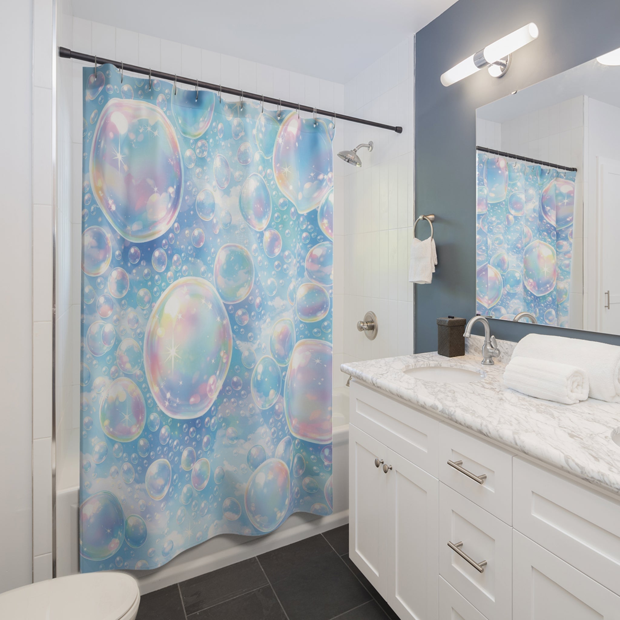 Kids Bubble Shower Curtain – Blue Rainbow