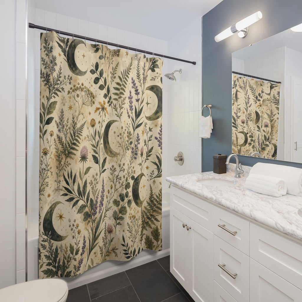 Painterly Moon Shower Curtain, Witchy Botanical Bath Decor, Herb Fern Floral Pattern, Ivory Green Celestial Nature Guest Bathroom Decor