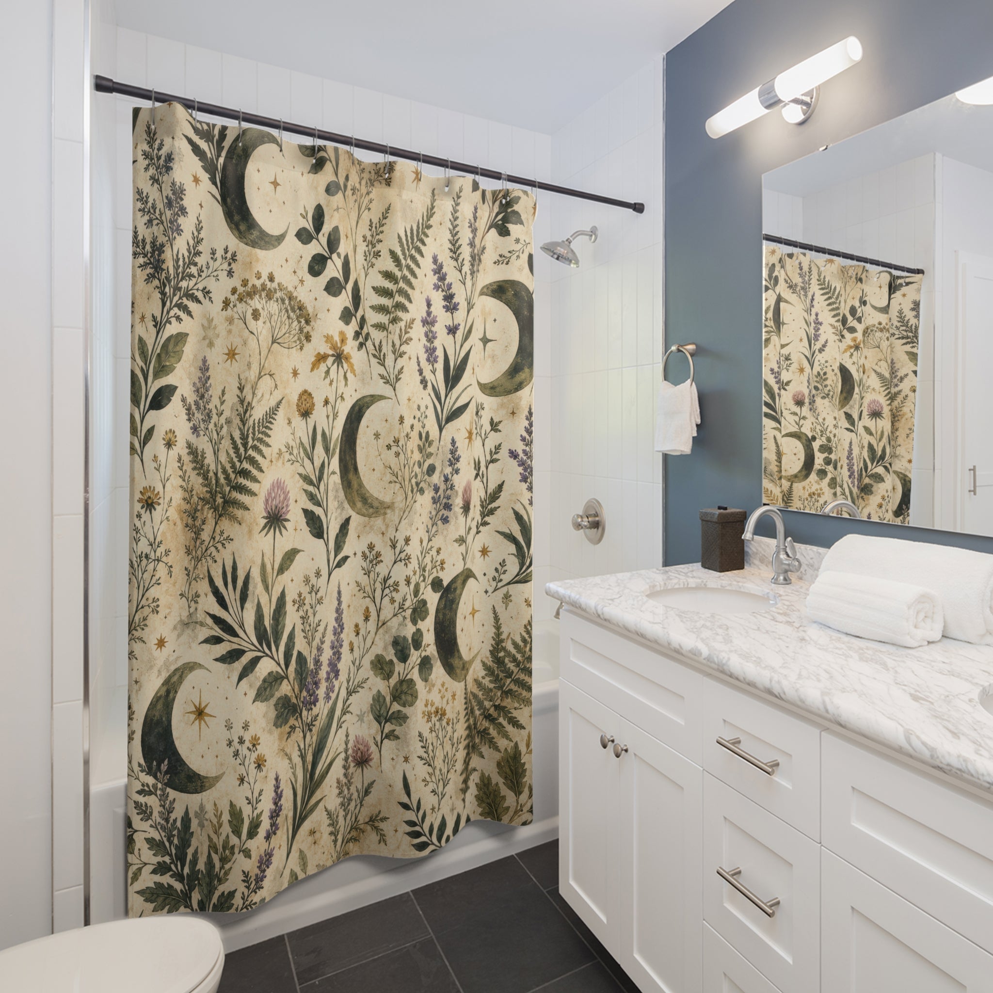 Painterly Moon Shower Curtain, Witchy Botanical Bath Decor, Herb Fern Floral Pattern, Ivory Green Celestial Nature Guest Bathroom Decor